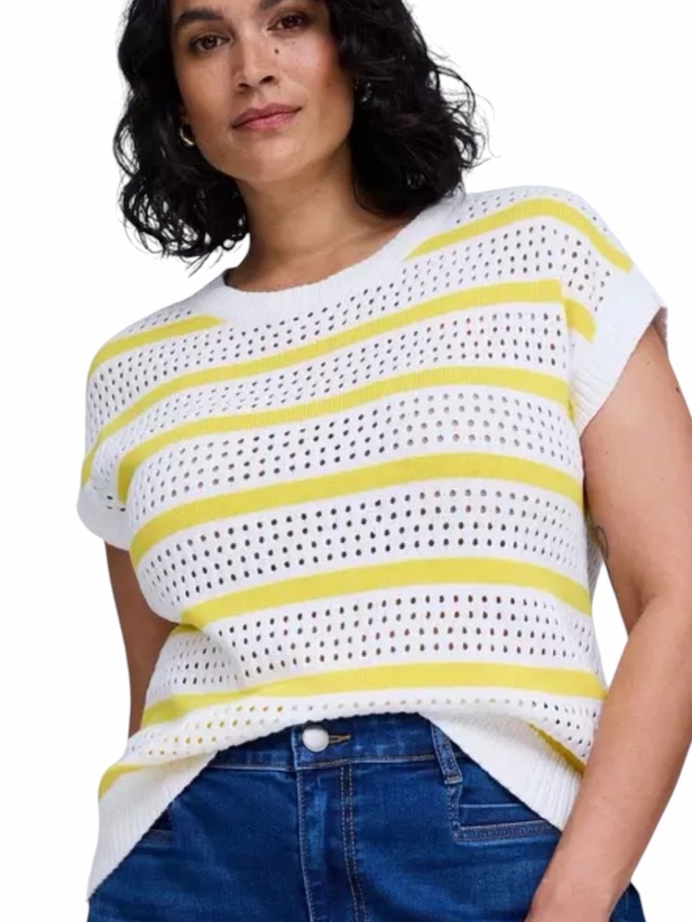Belle Isle by Torrid Yellow & White Open Knit Striped Sweater Size 2 (2X)